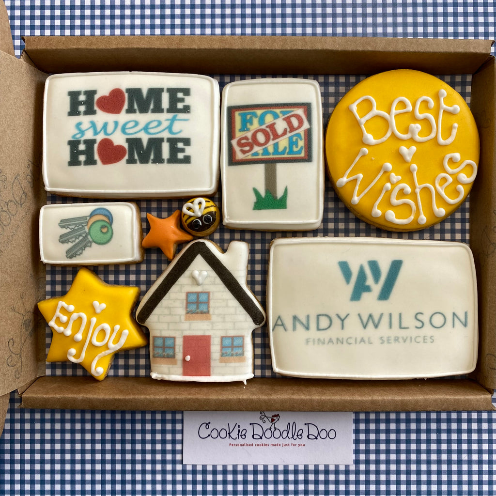 Medium size cookie box. Home sweet home. A thank you from a mortgage company to their client to say good luck in your new home.