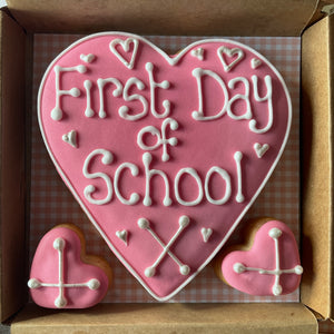 First Day of School cookie in pink icing