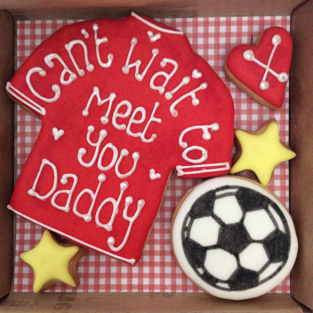 Cant wait to meet you Daddy Football Shirt and Football Cookie box - Little Box of Joy