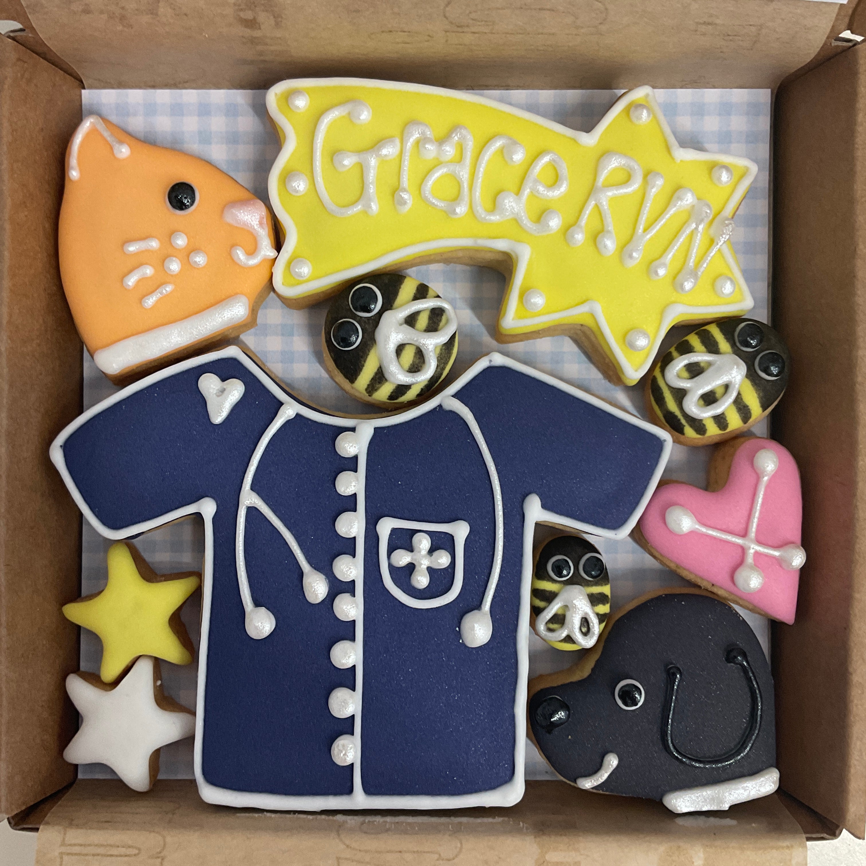 Thank you gift for vet / vet nurse or Pet carer. Delicious personalised cookies. Letterbox gift. Navy Blue Tunic