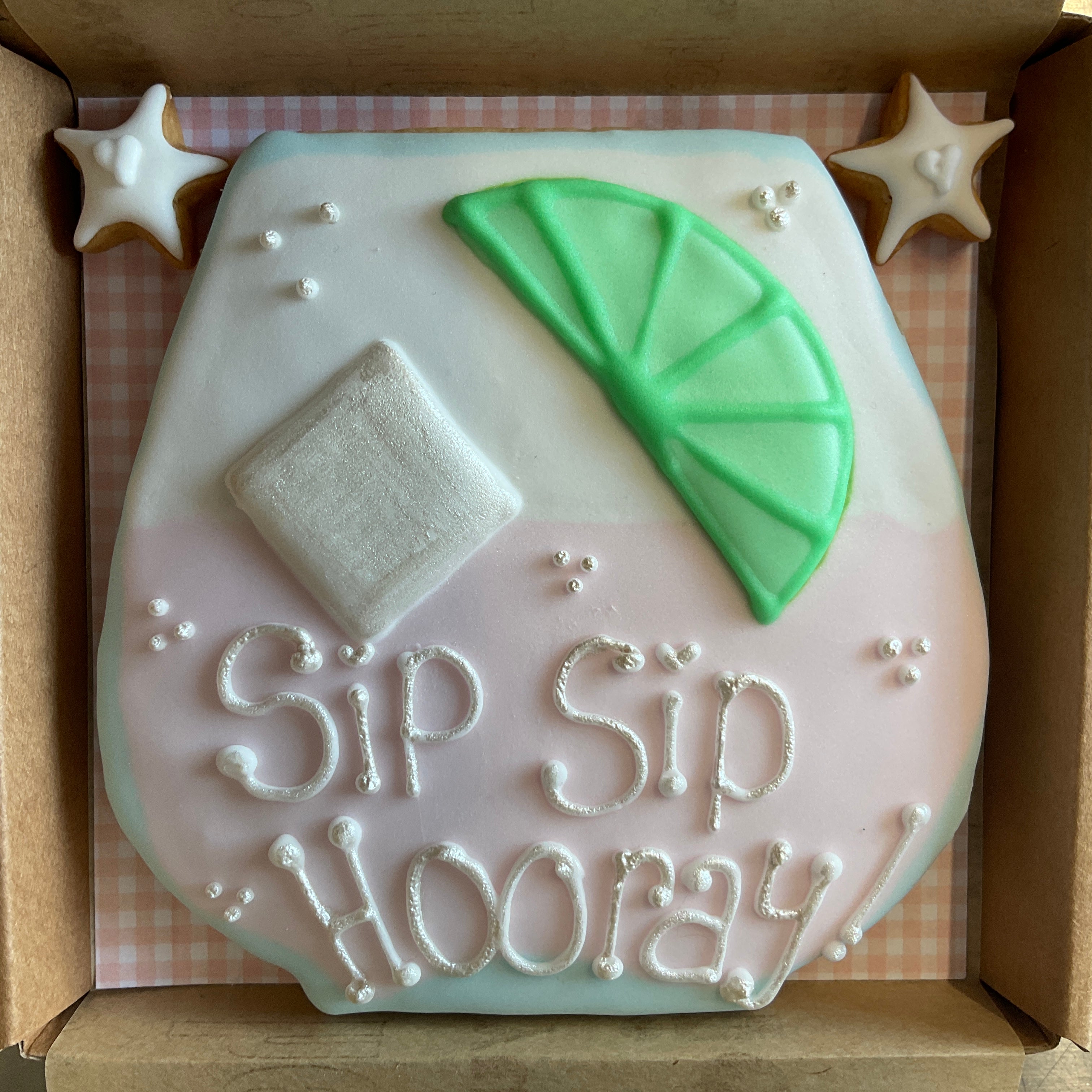 Sip Sip Hooray personalised cookie gift perfect for any celebration, birthday, hen party, congratulations, letterbox gift postal present. Royal Iced biscuits