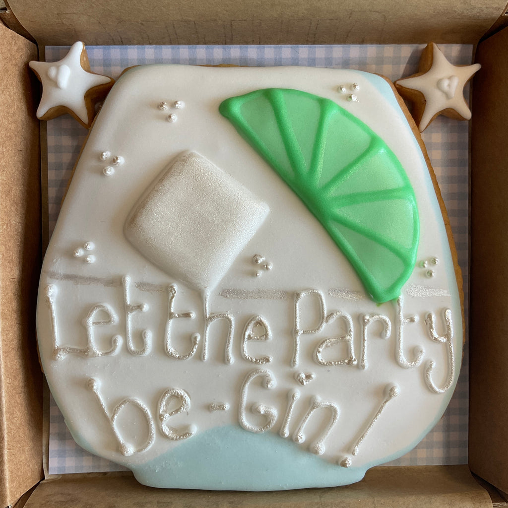 Let the party be-Gin personalised cookie box perfect for a party, celebration, birthday gift. Royal Iced stemless wineglass postal letterbox gift